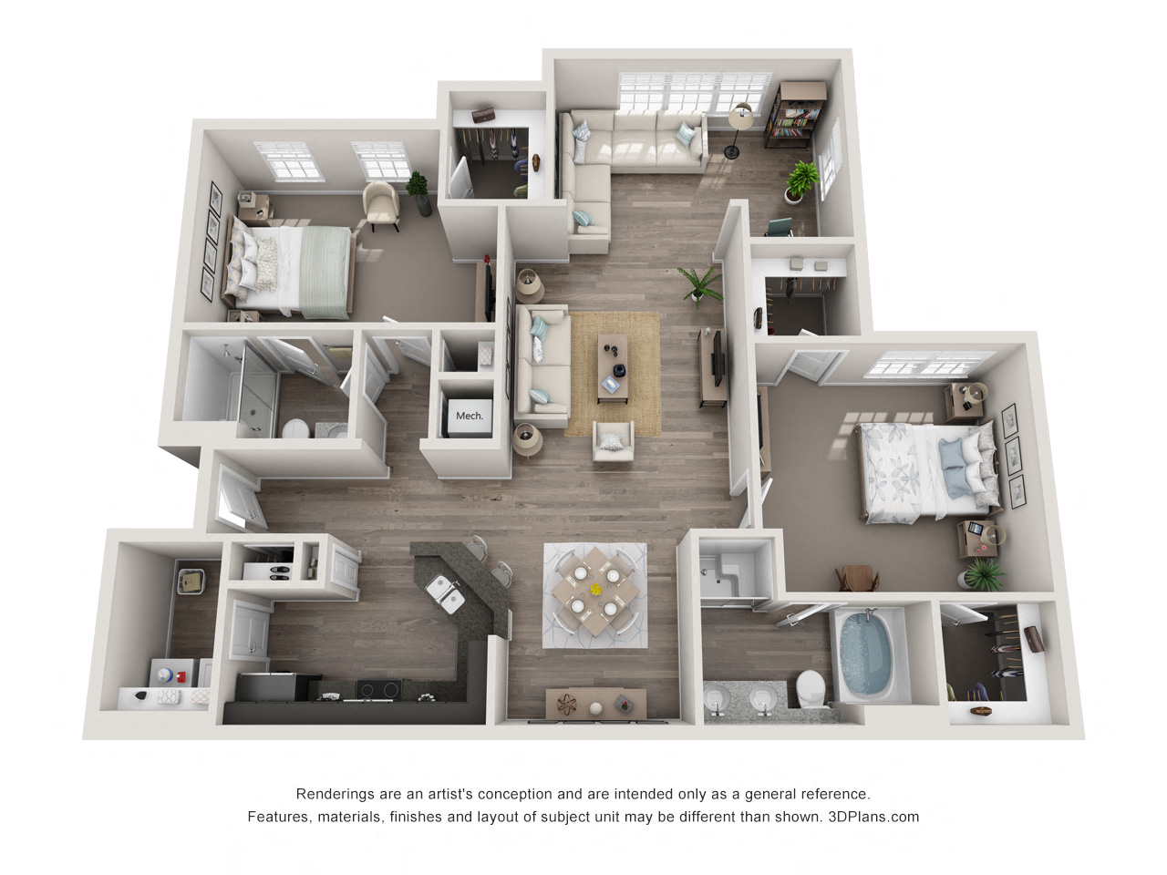 Floor plan for 2 beds, 2 baths, 1463 sqft